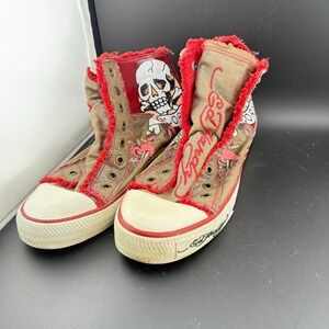 VTG Don Ed Hardy Designs Womens 9 Athletic Shoes Beige Red Skull Tattoo Sneakers